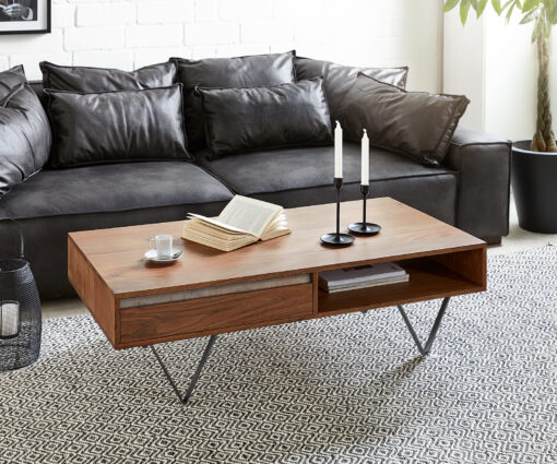 Couchtisch Stonegrace 115x60 cm Akazie Braun Schiefer 2 Schubladen 1 Fach V-Fuß Schwarz